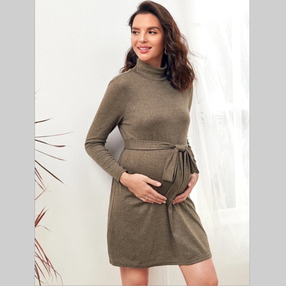 NWT Maternity dress outfit brown funnel neck belted long sleeve above knee